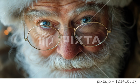 Portrait of a jolly elderly man dressed as Santa Claus with bright blue eyes. Generative AI 121410517