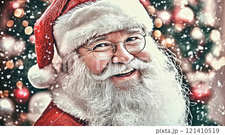 Joyful man in a Santa suit amid festive holiday decorations. Generative AI 121410519