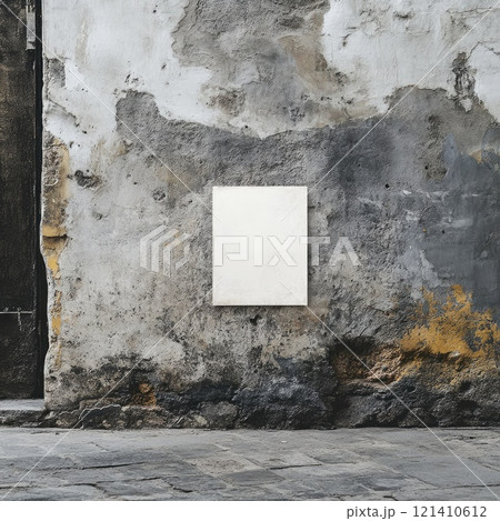 Photography of a clean white street advertising poster mockup on an antique concrete wall, showcasing rough textures and natural lighting that highlight bold colors, creating a dynamic urban style Photography of a clean white street advertising poster mockup on an antique concrete wall, showcasing rough textures and natural lighting that highlight bold colors, creating a dynamic urban style 121410612
