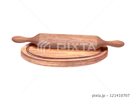 Kitchen wooden utensils watercolor illustration isolated background. Texture brown rolling pin on round cutting board for rolling dough. Isometric view. Cooking design, package decor. 121410707