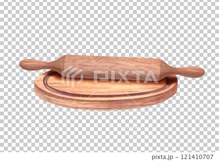 Kitchen wooden utensils watercolor illustration isolated background. Texture brown rolling pin on round cutting board for rolling dough. Isometric view. Cooking design, package decor. 121410707