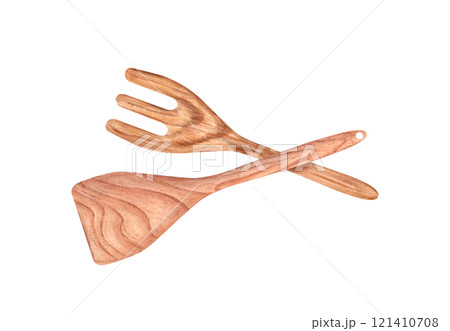 Wooden eco friendly cooking fork and stirring spatula watercolor illustration. Natural kitchen utensils perfect for cooking, mixing food. Template for menu, recipe design. Top view 121410708