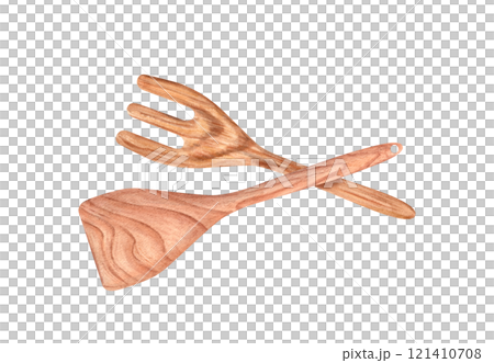 Wooden eco friendly cooking fork and stirring spatula watercolor illustration. Natural kitchen utensils perfect for cooking, mixing food. Template for menu, recipe design. Top view 121410708