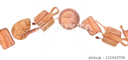 Watercolor wooden cutting boards, spoons, rolling pin and spatula seamless horizontal banner. Rectangle and round chopping boards, handmade tools for mixing food. Top view. Cooking design Watercolor wooden cutting boards, spoons, rolling pin and spatula seamless horizontal banner. Rectangle and round chopping boards, handmade tools for mixing food. Top view. Cooking design 121410709