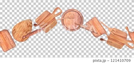 Watercolor wooden cutting boards, spoons, rolling pin and spatula seamless horizontal banner. Rectangle and round chopping boards, handmade tools for mixing food. Top view. Cooking design Watercolor wooden cutting boards, spoons, rolling pin and spatula seamless horizontal banner. Rectangle and round chopping boards, handmade tools for mixing food. Top view. Cooking design 121410709