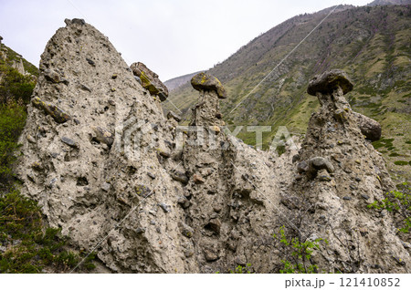 Stone mushrooms. Stone formations on the slope of a high mountain. Altai. Stone mushrooms. Stone formations on the slope of a high mountain. Altai. 121410852
