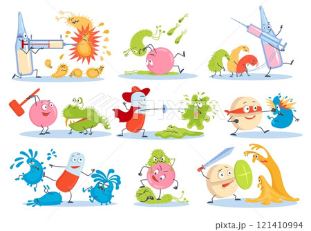 Cartoon antibiotic vs bacteria characters. Funny medical tablets. Pharmacy pills fight with microbes and viruses. Evil germs. Vaccine syringe. Battle with pathogens. Splendid vector set 121410994