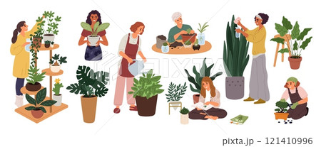 Cartoon people take care of indoor plants. Home gardening. Man watering houseplant in greenhouse. Woman transplanting ficus into flowerpot. Prune and spray flowers. Garish vector set 121410996
