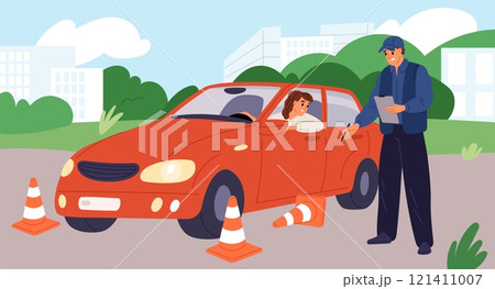 Driving lesson. Practical exercises. Car driver examination. Instructor notes mistakes. Passing exam. Student obtaining license. Automobile parking. Auto course. Garish vector concept 121411007