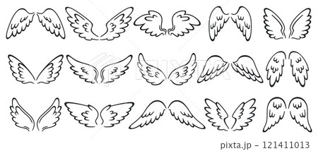 Hand drawn angel wings. Graphic silhouette holy icons. Decorative flying elements. Bird limbs with feathers. Simple lines. Angelic innocence aureole. Celestial saint. Recent vector set Hand drawn angel wings. Graphic silhouette holy icons. Decorative flying elements. Bird limbs with feathers. Simple lines. Angelic innocence aureole. Celestial saint. Recent vector set 121411013