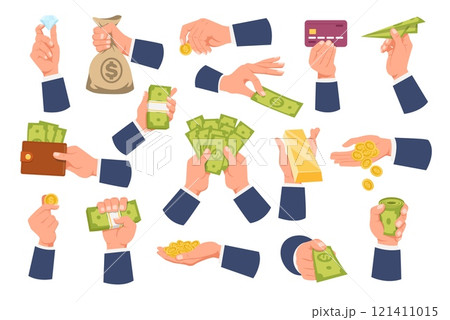 Hands with money cash. Arms hold golden coins. Currency banknotes and dollar cents. Credit card. Diamond and gold bar. Finance saving. Business budget. Cash purse. Financial vector set Hands with money cash. Arms hold golden coins. Currency banknotes and dollar cents. Credit card. Diamond and gold bar. Finance saving. Business budget. Cash purse. Financial vector set 121411015