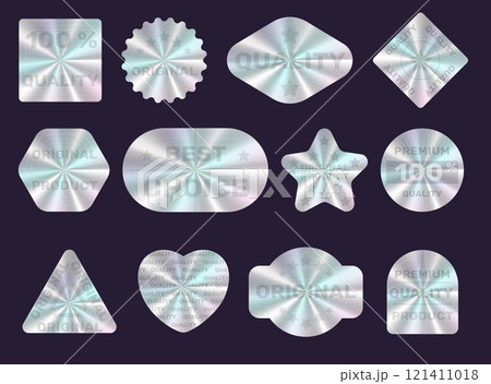 Holographic guarantees labels. Different foil seal shapes. Mockups with inscriptions. Award badges design. Quality assurance tags. Iridescent gradient stamps. Vector chrome stickers set 121411018
