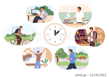Male daily routine time scenes. Everyday schedule activities around clock face. Man works or rests. Running in park. Cooking dinner. Afternoon timetable. Book reading. Garish vector set 121411022
