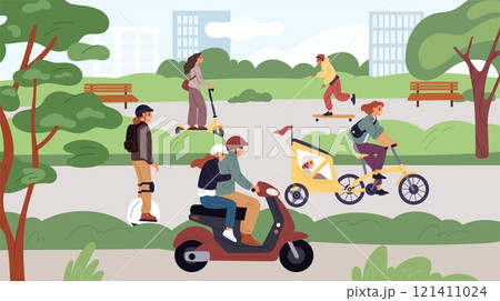 People on electric transport in city. Citizens travel by eco vehicles in park. Outdoor activity. Man driving motorbike. Woman on scooter. Electrical gyroscooter. Garish vector concept 121411024