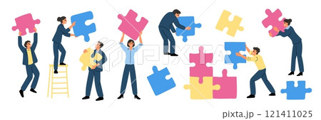 People putting together puzzle. Teamwork process. Tiny characters with big cardboard pieces. Colleagues work. Employees join jigsaw. Business person solving problem. Garish vector concept 121411025