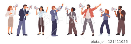 People shouting into loudspeakers. Characters with megaphones. Persons agitating and announcing. Public speakers. Propaganda and agitation. Demonstration activist. Garish vector set People shouting into loudspeakers. Characters with megaphones. Persons agitating and announcing. Public speakers. Propaganda and agitation. Demonstration activist. Garish vector set 121411026