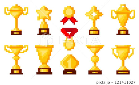 Pixel art golden trophies. Winner rewards. First place medals. Award cups. Victory statuettes. Arcade video game style. Retro 80s design winning icons. Best gamer. Vector gold goblets set 121411027