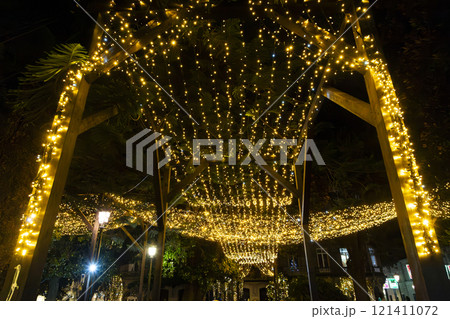 Christmas. Light. Christmas lights through the streets of Vigo. Decorating streets of the city. Fir tree with Christmas lights. Light tree. On. VIGO. SPAIN. 23 December 2024. Christmas. Light. Christmas lights through the streets of Vigo. Decorating streets of the city. Fir tree with Christmas lights. Light tree. On. VIGO. SPAIN. 23 December 2024. 121411072