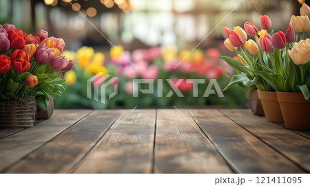 Vibrant tulip display in a sunny flower market during springtime Vibrant tulip display in a sunny flower market during springtime 121411095