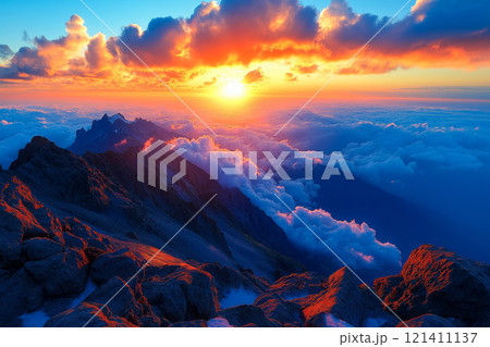 Breathtaking view of a mountain range at sunset, with vibrant colors illuminating the sky and clouds 121411137