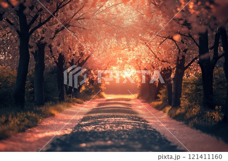 Cherry blossom pathway at sunset creating a serene landscape experience 121411160