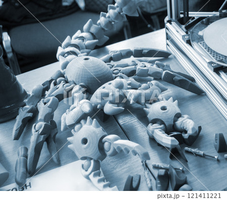 Art object printed on 3D printer from melted plastic close-up. Model of crab created on 3D printer. 3D Printing technology. Additive progressive technology. New modern technologies. Blue white color 121411221