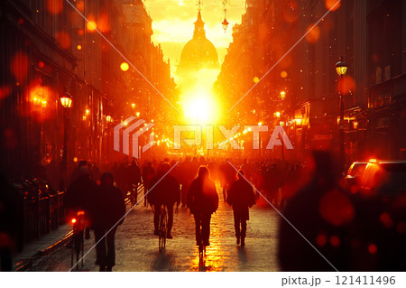 Surreal and abstract image of blurred silhouettes walking through a misty, illuminated space 121411496