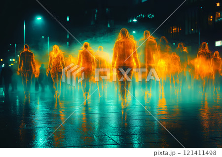 Surreal and abstract image of blurred silhouettes walking through a misty, illuminated space 121411498