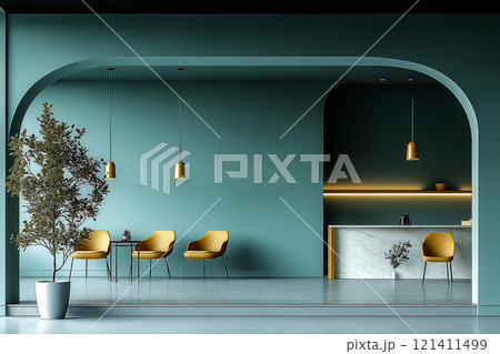 Modern interior featuring minimalist green walls, yellow chairs, and an arched architecture 121411499