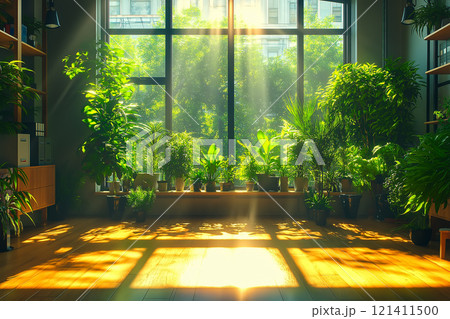 Serene indoor garden bathed in natural sunlight through large windows, featuring lush potted plants 121411500
