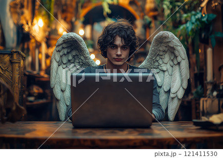 Angel sits at a desk with a modern laptop, surrounded by greenery and natural light. 121411530