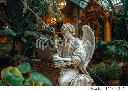 Angel statue sits at a desk with a modern laptop, surrounded by greenery and natural light. 121411545