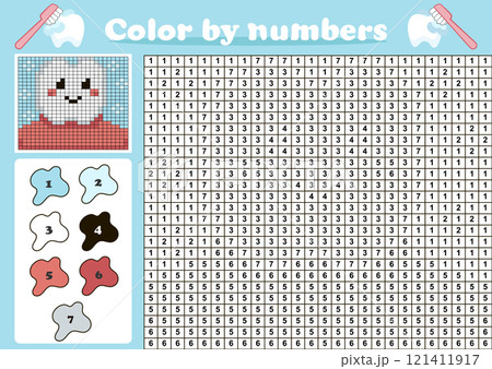 Color by number pixel art game for kids with cute tooth character in mouth, cartoon styl 121411917