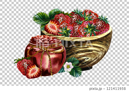 Strawberry jam in a jar and fresh strawberries in a wooden bowl. Handmade watercolor illustration. Preparations for the winter. Highlight it. For packaging, labels and flyers. For banners and stickers Strawberry jam in a jar and fresh strawberries in a wooden bowl. Handmade watercolor illustration. Preparations for the winter. Highlight it. For packaging, labels and flyers. For banners and stickers 121411938