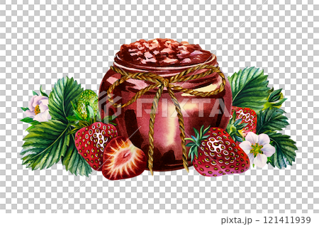 Strawberry jam in a jar. Handmade watercolor illustration. Preparations for the winter. Highlight it. Realistic painting. For packaging, labels and flyers. For banners and stickers. 121411939