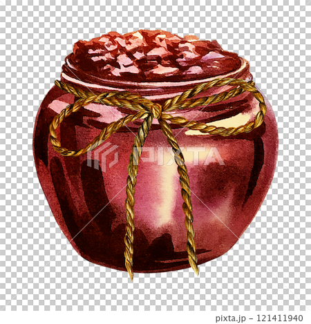 Jam in a jar. Handmade watercolor illustration. Preparations for the winter. Highlight it. Realistic painting. For packaging, labels and flyers. For banners and stickers. Jam in a jar. Handmade watercolor illustration. Preparations for the winter. Highlight it. Realistic painting. For packaging, labels and flyers. For banners and stickers. 121411940
