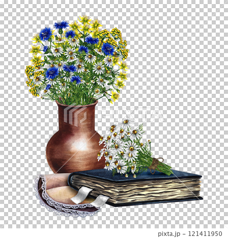 Wildflowers in a clay vase and an old book. Handmade watercolor illustration. Vintage still life in rustic style. For postcards, packages and labels. For flyers, stickers and prints. 121411950