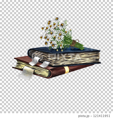 A bouquet of daisies on antique books. Handmade watercolor illustration. Rustic vintage still life. For postcards, packages and labels. For flyers, stickers and prints. 121411951