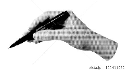 Halftone image of hand holding a pen 121411962