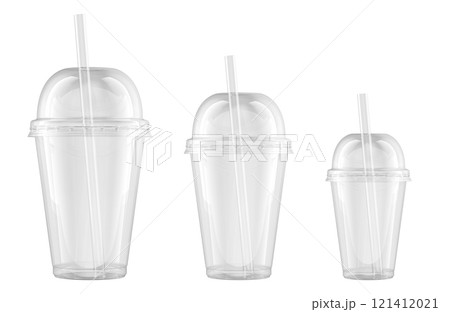 Clear Plastic Cups With Dome Lids with straws. Small, medium and large size. 3D rendering 121412021