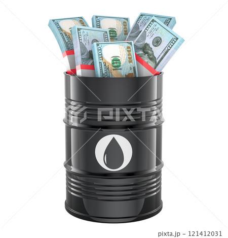 Oil barrel with dollar packs, 3D rendering 121412031