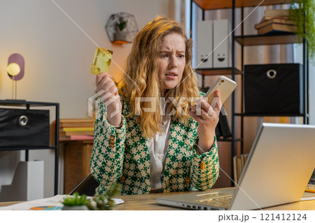 Annoyed businesswoman girl buying, bank refuse problem unsuccessful payment lack of money balance Annoyed businesswoman girl buying, bank refuse problem unsuccessful payment lack of money balance 121412124