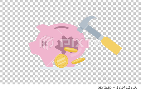ハンマーで割られた貯金箱と硬貨のベクターイラスト ハンマーで割られた貯金箱と硬貨のベクターイラスト 121412216