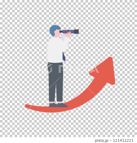 上方向の矢印に乗って望遠鏡を覗くビジネスマン 121412221