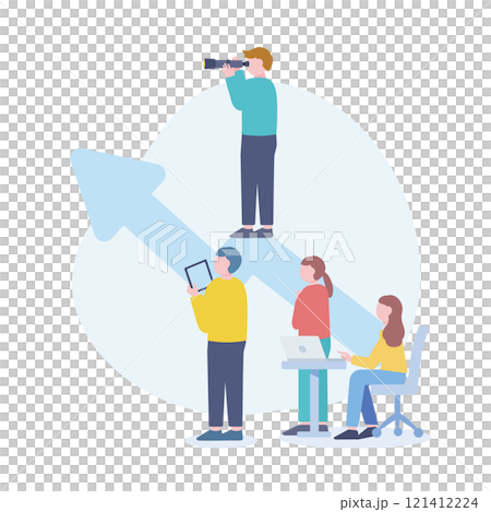 望遠鏡を覘くリーダーと見上げるビジネスチーム 121412224