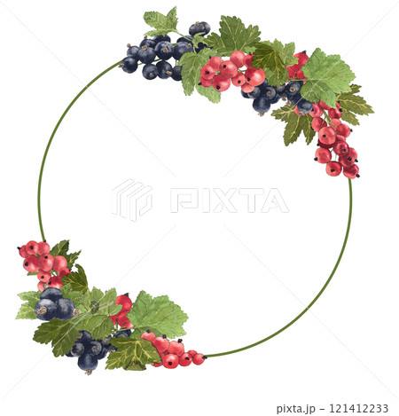 Watercolor round frame of delicious brunch of black and red currant.  Watercolor round frame of delicious brunch of black and red currant.  121412233
