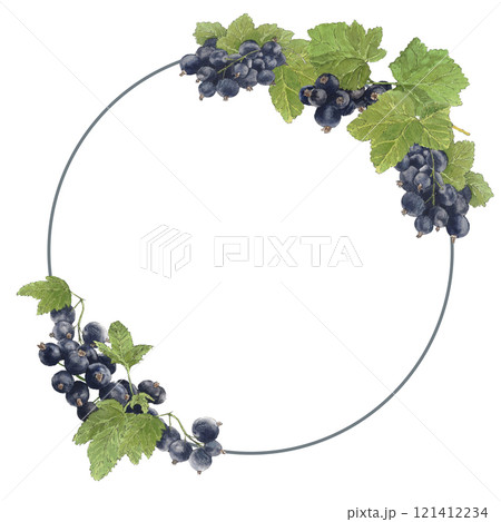Watercolor round frame of delicious brunch of black currant. Watercolor round frame of delicious brunch of black currant. 121412234