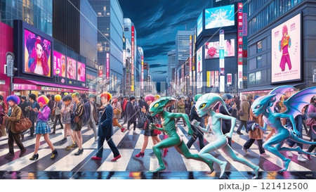 横断歩道を走る宇宙人 121412500