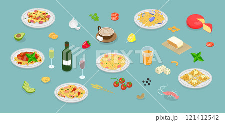 3D Isometric Flat Vector Illustration of Pasta And Wine Collection, Italian Cuisine 121412542