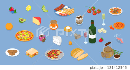 3D Isometric Flat Vector Illustration of Wine And Cheese Collection, French Cuisine 121412546